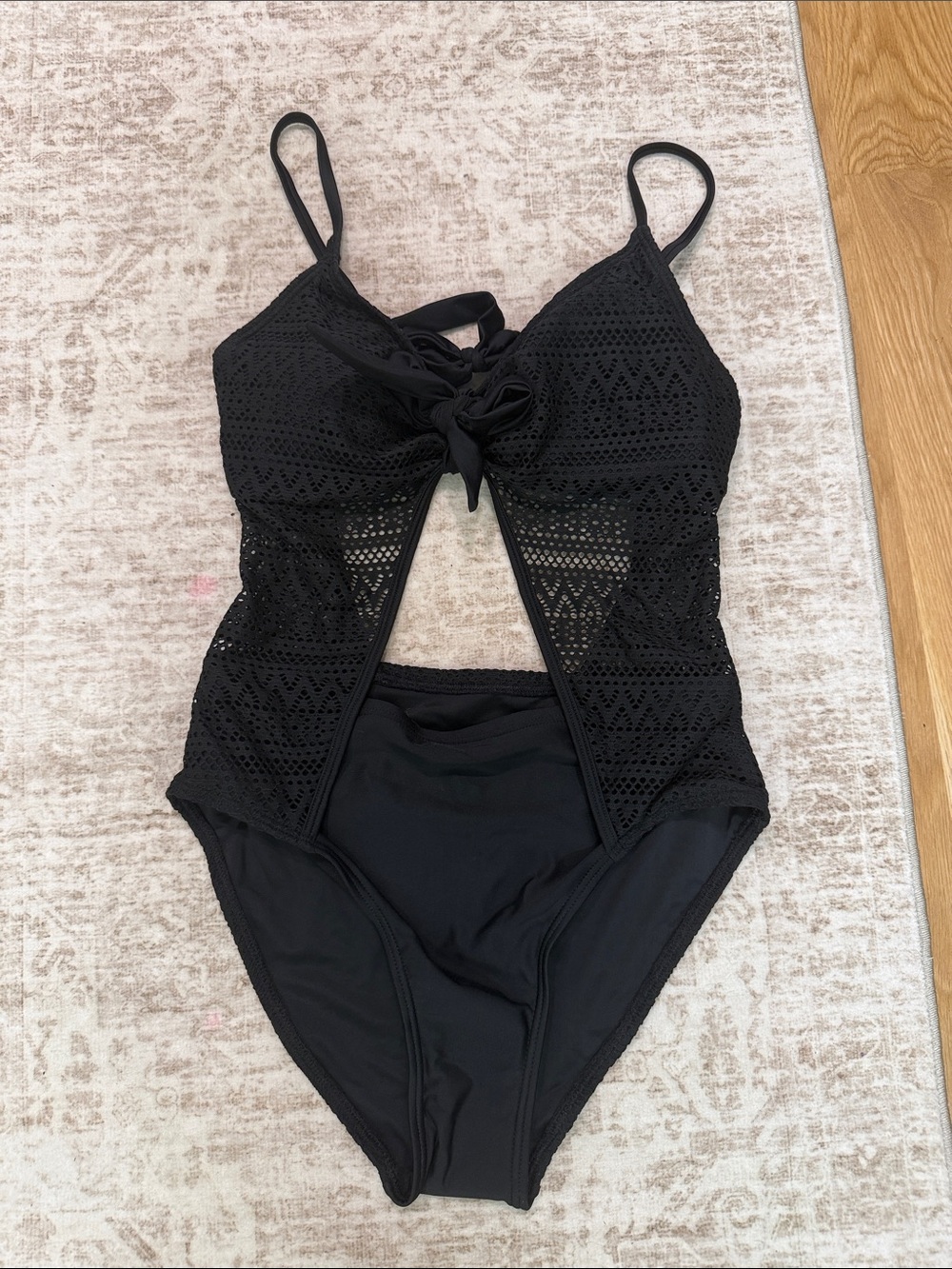 Black Crochet One-Piece Swimsuit with Front Tie
